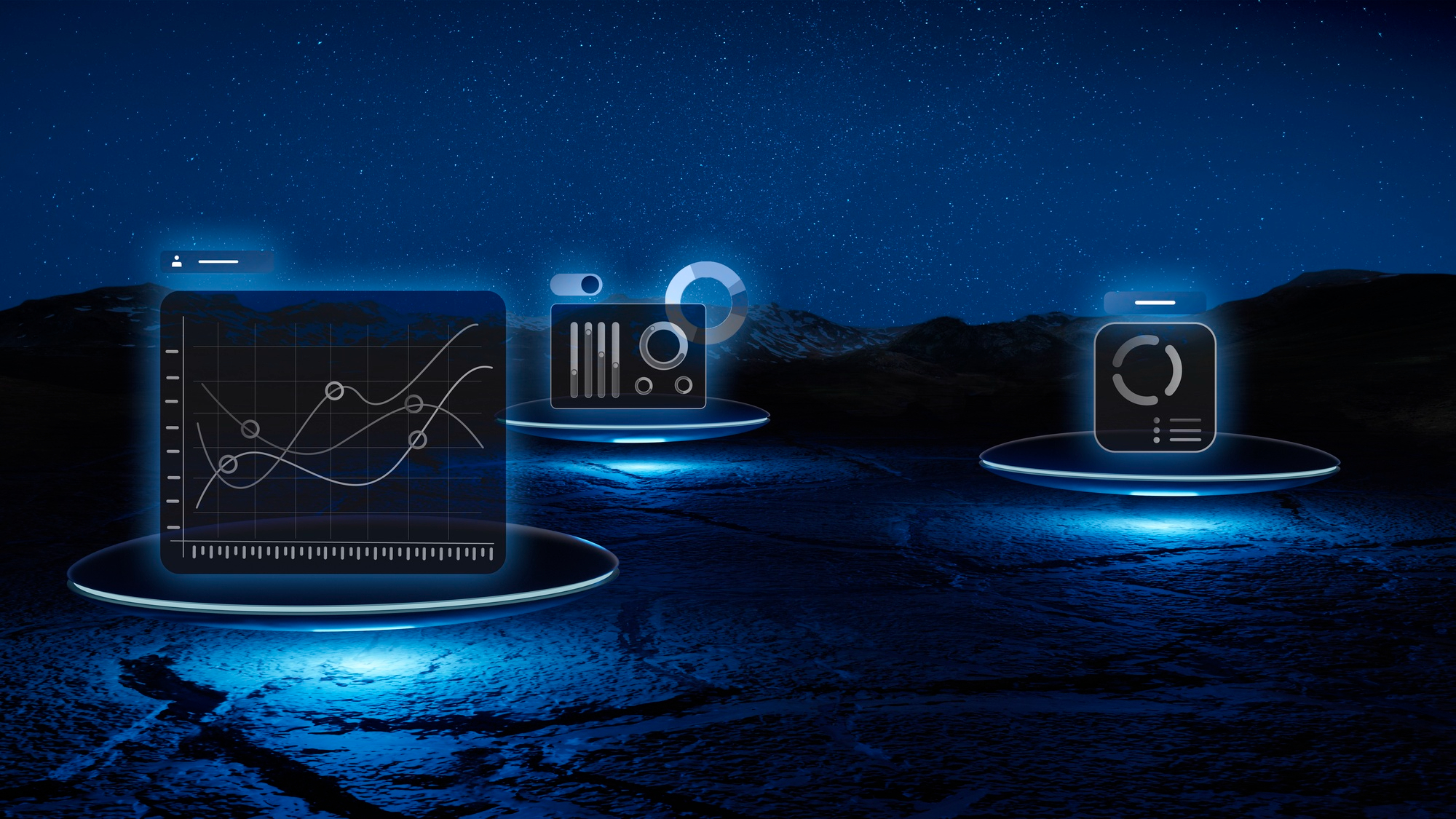 Gráficos e dados analíticos em telas holográficas flutuando sobre um terreno rochoso à noite, simbolizando a análise de dados em tempo real e tomada de decisões estratégicas.